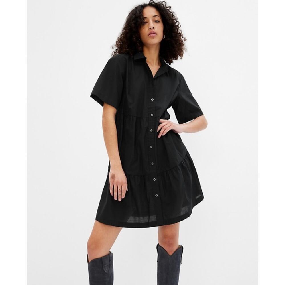 GAP Tiered Mini Cotton Lightweight Shirtdress, Black Small